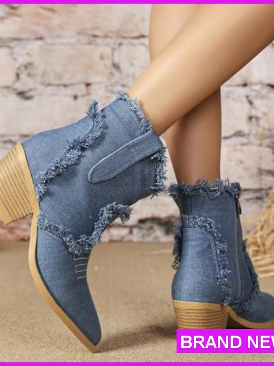 Denim Western Ankle Boots with Embroidery Chunky Heel Pointed Toe Side Zipper - Picture 7 of 7